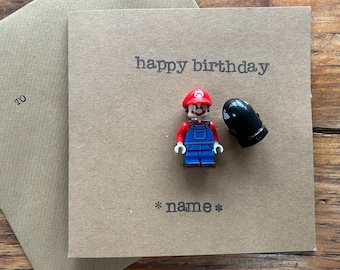 Hand Stamped Mario Minifigure Greeting Card Gift Personalised Happy Birthday Video Game Kart FREE UK SHIPPING