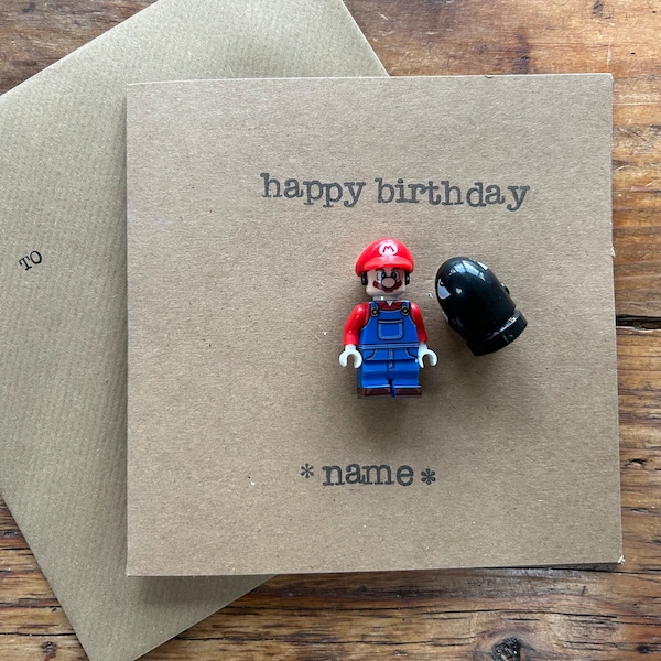 Hand Stamped Mario Minifigure Greeting Card Gift Personalised Happy Birthday Video Game Kart FREE UK SHIPPING