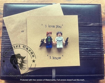 Carte estampée à la main, cadeau d'anniversaire de la Saint-Valentin, je t'aime, je sais que Han Solo, princesse Leia, figurine Star Wars, livraison gratuite au Royaume-Uni