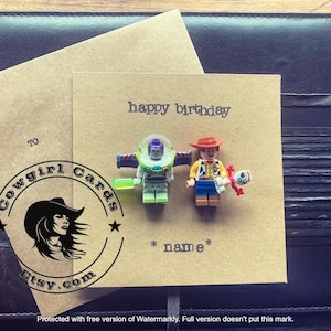 Hand gestempelt Minifigur Grußkarte Geschenk Happy Birthday Buzz und Woody Toy Story FREE UK VERSAND