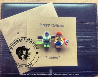 Hand Stamped Minifigure Greeting Card Gift Happy Birthday Buzz and Woody Toy Story FREE UK SHIPPING