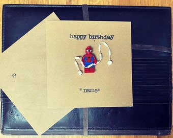 Hand Stamped Minifigure Greeting Card Gift Personalised Happy Birthday Spider Man Superhero FREE UK SHIPPING