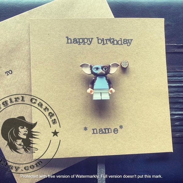 Hand Stamped Gremlins Minifigure Greeting Card Gift Personalised Happy Birthday Gizmo 1980s FREE UK SHIPPING
