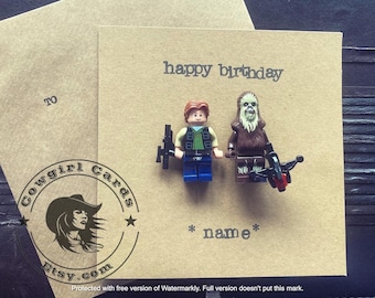 Hand Stamped Minifigure Greeting Card Gift Happy Birthday Han Solo and Chewbacca Star Wars FREE UK SHIPPING