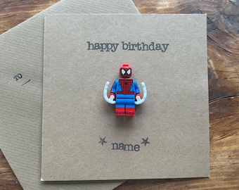 Hand Stamped Minifigure Greeting Card Gift Personalised Happy Birthday Spider Man Superhero FREE UK SHIPPING