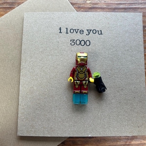 Biglietto di San Valentino con minifigure timbrato a mano, personalizzato, ti amo padre Iron Man 3000 marito fidanzato supereroe SPEDIZIONE GRATUITA NEL REGNO UNITO