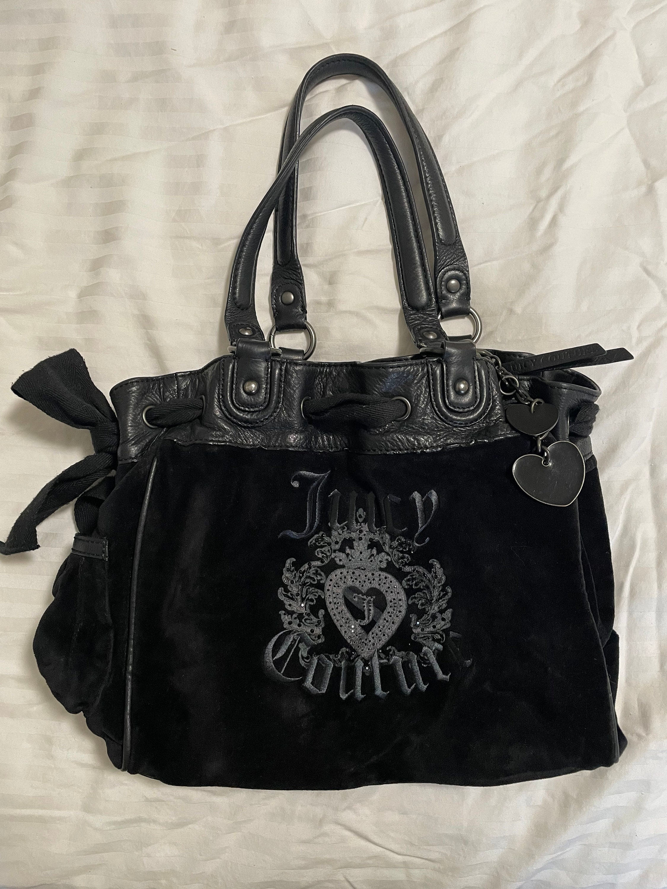 Juicy Couture black velour embroidered fringe tassel satchel hobo shoulder  bag | eBay