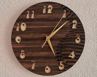 Wooden wall clock. Ebony wood clock. Minimalist clock silent. Modern Wall Clock with Numbers.