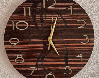 Wooden wall clock. Ebony wood clock. Minimalist clock silent. Modern Wall Clock with Numbers.