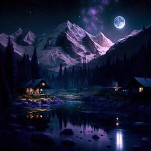 Snowcapped Mountain with  Moon Overhead