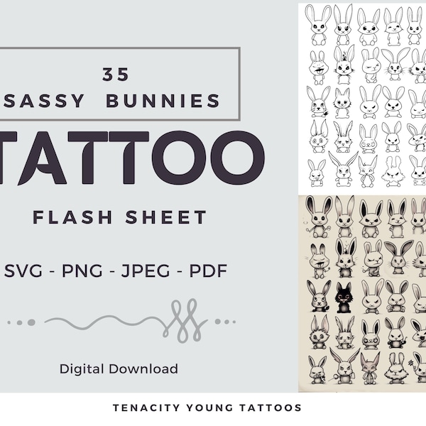 Bunny Tattoo Flash Sheet - Digital Art Bundle - SVG,JPEG,PNG