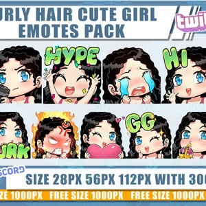 Curly Hair Twitch emotes, Girl emotes, Cute Girl emotes, emotes bundle, emote twitch, chibi emotes, Twitch emotes,discord, Curly hair Chibi