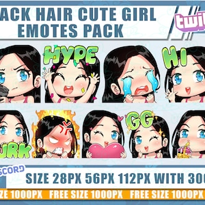 Black Hair Twitch emotes, Girl emotes, Cute Girl emotes, emotes bundle, emote twitch, chibi emotes, Twitch emotes, discord, Black hair Chibi
