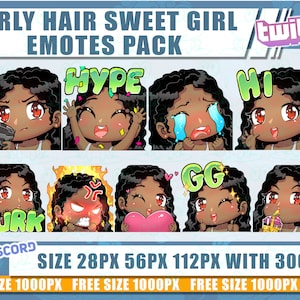 Curly Hair Twitch emotes, Girl emotes, Sweet Girl emotes, emotes bundle, emote twitch, chibi emotes, Twitch emotes,discord, Curly hair Chibi