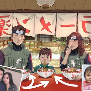 Custom Anime Portrait, Ramen, Custom Personalized Anime Potrait, Couple, Turn Potrait to Cartoon, Cute Christmas Gift,  mothers day Gift