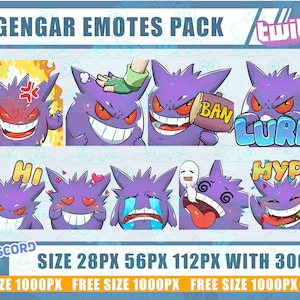 Emote Gengar Twitch, emote Pokemon, emote, emote carine Gengar, pacchetto emote9, emote contrazione, emote chibi9, pacchetto emote Twitch9, discordia