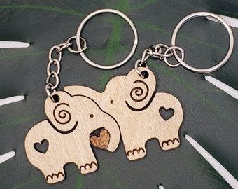 Wooden Keychain For Couples - Elephant, Valentines, Wedding, Anniversary, New Home.