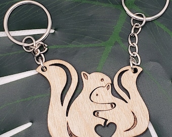 Wooden Keychain For Couples - Squirrel, Valentines, Wedding, Anniversary, New Home.