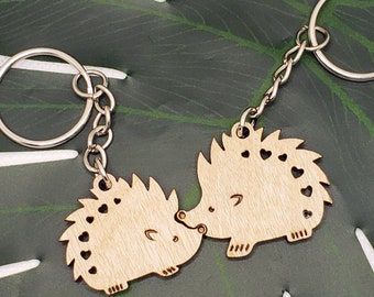 Wooden Keychain For Couples - Hedgehog, Valentines, Wedding, Anniversary, New Home.
