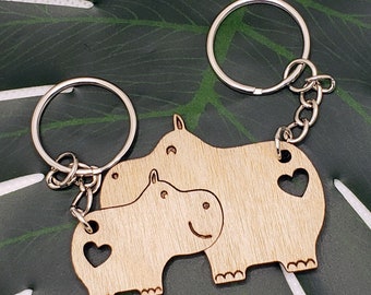 Wooden Keychain For Couples - Hippo, Valentines, Wedding, Anniversary, New Home.