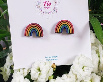 Laser Cut Wooden Rainbow Earrings, Lightweight Hypoallergenic Stainless Steel.