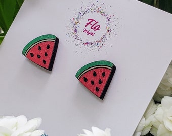 Laser Cut Wooden Watermelon Earrings, Lightweight Hypoallergenic Stainless Steel.