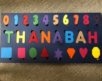 Large Personalized Name, numbers & shapes Puzzle, wooden puzzle, baby gift, custom name sign