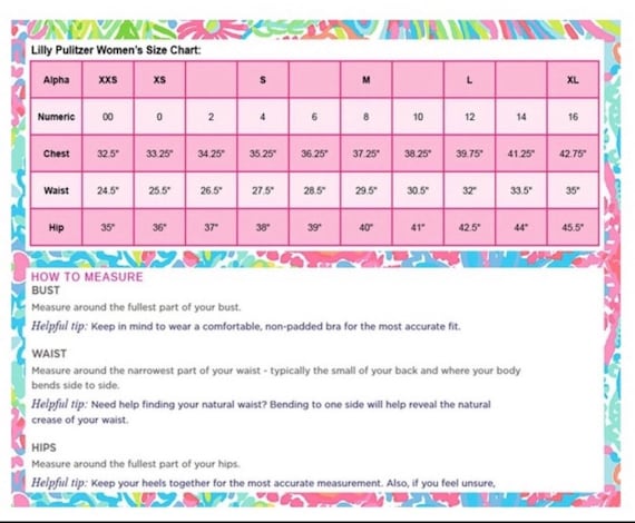 Lilly Pulitzer Size Chart - Etsy