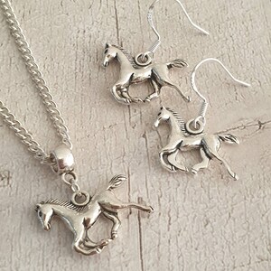 Conjunto de joias com pingente de cavalo, brincos pendurados e colar em bolsa de presente