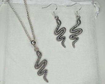 Handmade Antique Silver Snake Charm Jewellery Set, Dangly Earring And Necklace Set In Gift Bag
