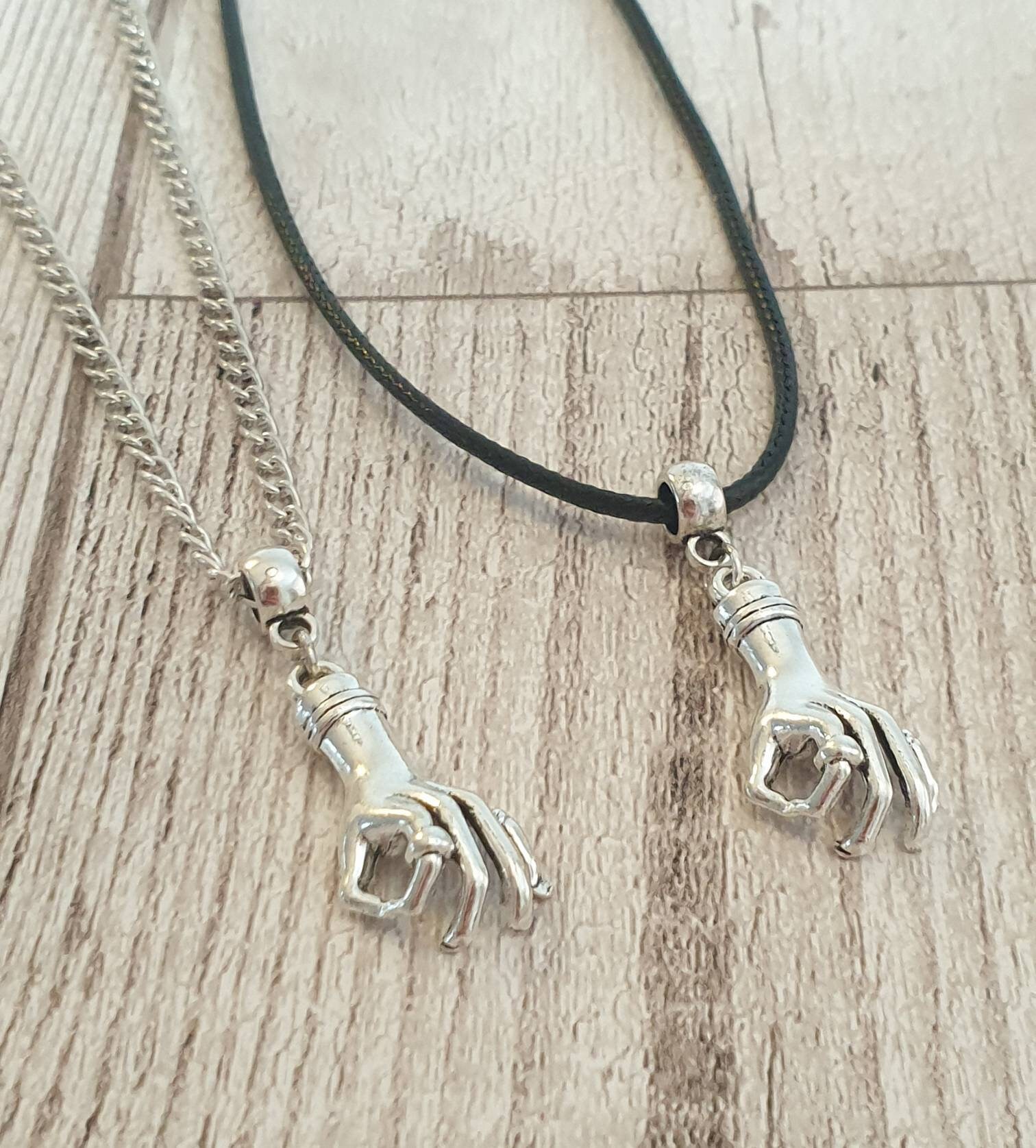 Hand Thing Charm Necklace Silver Plated Or Waxed Cord Variable Lengths, Gift Packaged, Wednesday Inspired, Thing Hand