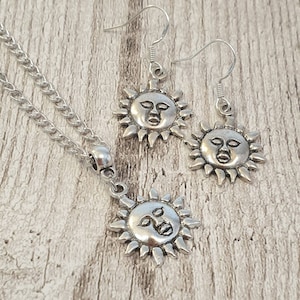 Handmade Antique Silver Sun Charm Jewellery Set, Dangly Earring And Necklace Set In Gift Bag, Cord Or Chain Options
