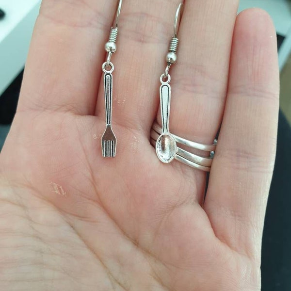 Mismatch Fork & Spoon, Cutlery, Dangly Charm Earrings, In Gift Bag, Novelty Earrings, Fun Jewellery, Stocking Filler