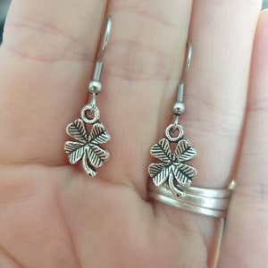 Handmade Antique Silver Four Leaf Clover, Dangly Charm Earrings In Gift Bag, Gifts For Her, Good Luck, Lucky Jewellery