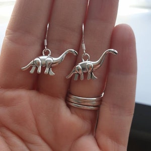 Dinosaur Dangly Charm Earrings Antique Silver In Gift Bag Dinosaur Lover Gift