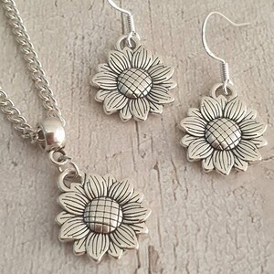 Handmade Antique Silver Sunflower Jewellery Set, Dangly Earring And Necklace Set In Gift Bag, Cord Or Chain Option, Gift For Her