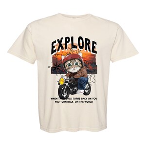 Explore Moto Cat T Shirt | Motorcycle Cat Tee | Funny Cat Apparel | Gift for Cat Lovers & Bikers | Unique Cat Lover Gift
