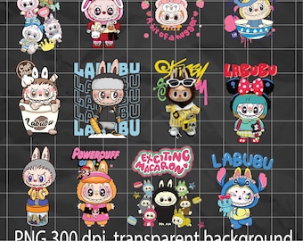 12 png Cute Labubu Digital PNG Clipart – 300 DPI Transparent Background Kawaii Cartoon Graphics