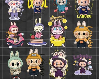 12 PNG  labubu for digital download,Different Character Styles ,  t-shirt, template,  keychain, wallpaper, transparent background