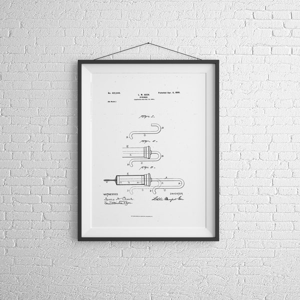 Patent - 1899 Syringe - Restored Vintage Patents - High Quality Home Decor