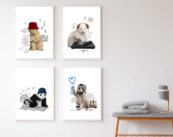 Printable Nursery Wall Art Set of 4 for Kids, Cute Animal Prints, Kids Room Posters, Digital Nursery Room Decor, Street Panda & Hip Hop Bear