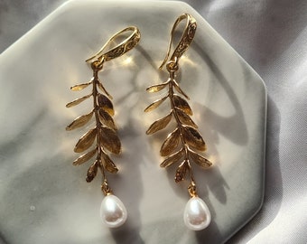 Leaf Branch Pearl Drop Earrings