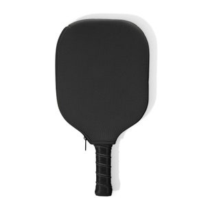 May include: A black pickleball paddle with a black grip and a zipper on the side.