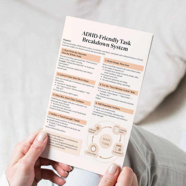 May include: A white paper titled "ADHD-Friendly Task Breakdown System" is held by a person. The document features text and diagrams outlining a system for managing tasks, including steps like starting with the outcome and using dopamine anchors.
