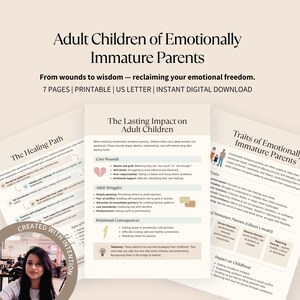 Mockup of printable cheat sheet “Adult Children of Emotionally Immature Parents” with tagline “From wounds to wisdom — reclaiming your emotional freedom.” Shows sample pages with US Letter, printable, instant digital download text.