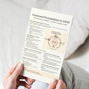 May include: A person holds a white printed sheet titled "Emotional Dysregulation in ADHD". The sheet contains text and diagrams explaining ADHD and strategies for managing emotions. The text is black, and there is a circular diagram.