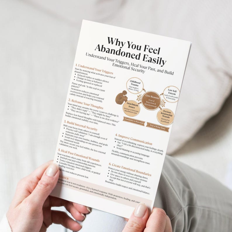 May include: A white pamphlet titled "Why You Feel Abandoned Easily" is held by a person. The pamphlet's text includes sections on understanding triggers, reframing thoughts, and building emotional security. The pamphlet has a beige and brown color scheme.