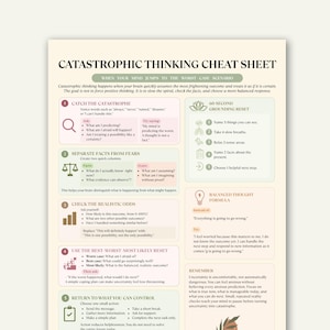 May include: A beige informational chart titled CATASTROPHIC THINKING CHEAT SHEET. It features five numbered steps for managing anxious thoughts, including sections for grounding resets and balanced thought formulas with icons and text.