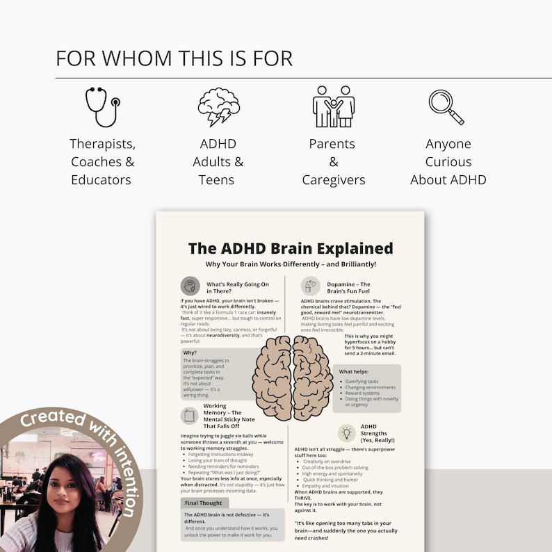 ADHD motivation printable with dopamine and energy management tips – brain explained visually for neurodiverse minds