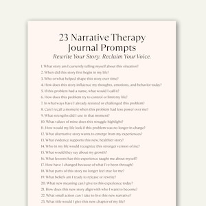Peut inclure: Une page crème avec le texte "23 Questions de Journal de Thérapie Narrative" et le sous-titre "Réécrivez Votre Histoire. Reprenez Votre Voix." La page liste 23 questions pour la réflexion et l'écriture.